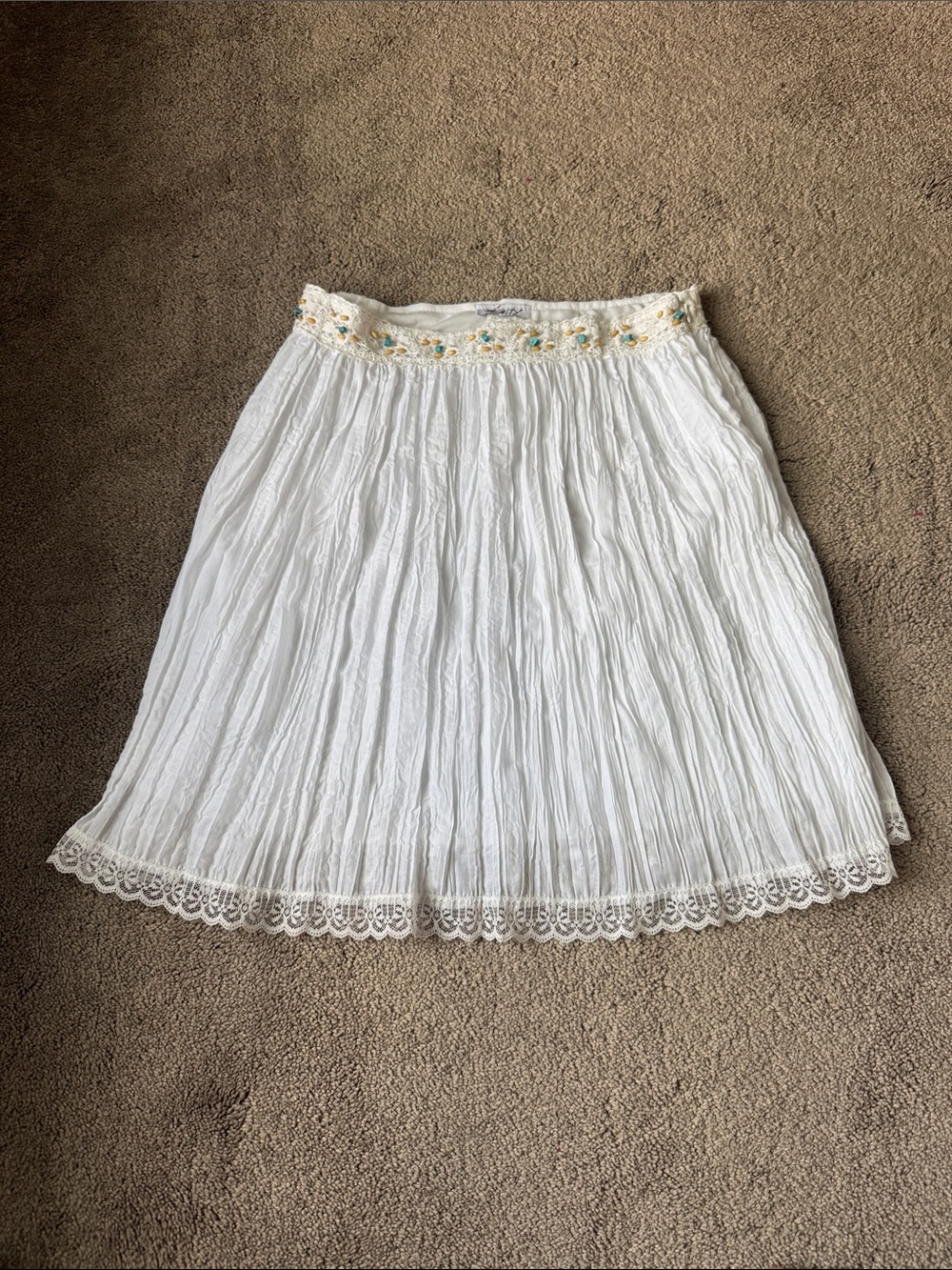 Kaity White Crinkle Gauze Embroidered Lace Hem Boho Peasant Skirt SIZE M Beaded